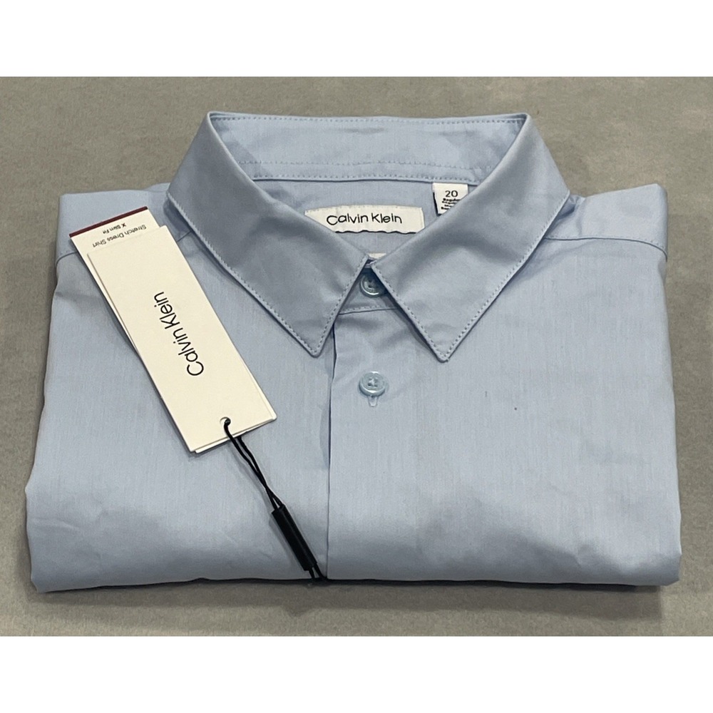 NWT Calvin Klein Big Boys Slim Fit Solid Stretch Dress Shirt Light Blue Size 20